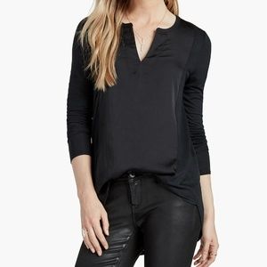 Lucky Brand Woven Mixed Media Split Neck Top - Black Medium